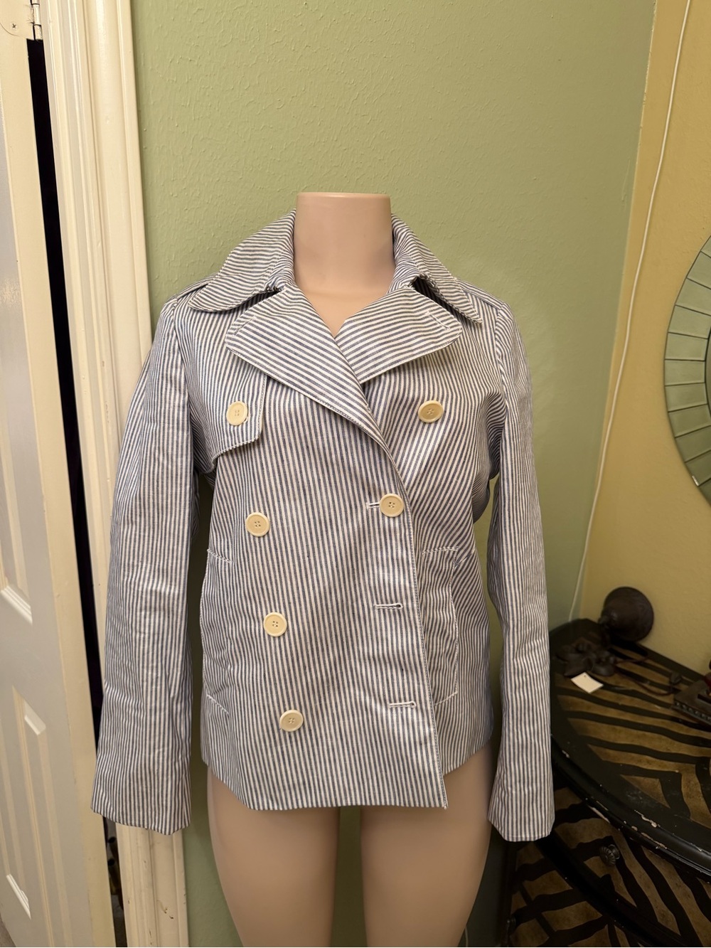 J. Crew Striped Double-Breasted Pea Coat in Blue and White